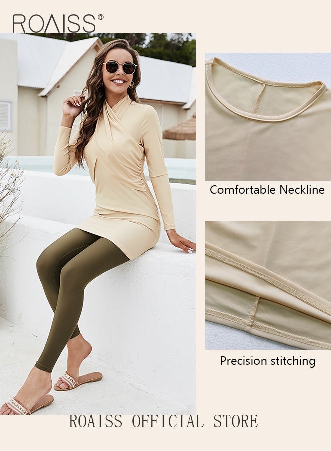 roaiss 2PCS Swimsuit for Women, Stylish Beachwear with Cross-over Design, Sun Protection Surfing Wetsuit with Long Sleeve Top and Slim-fit pants, Suitable for All Body Types, Great Choice for Swimming, Sunbathing, Hot Baths and Beach Walks - Image 2